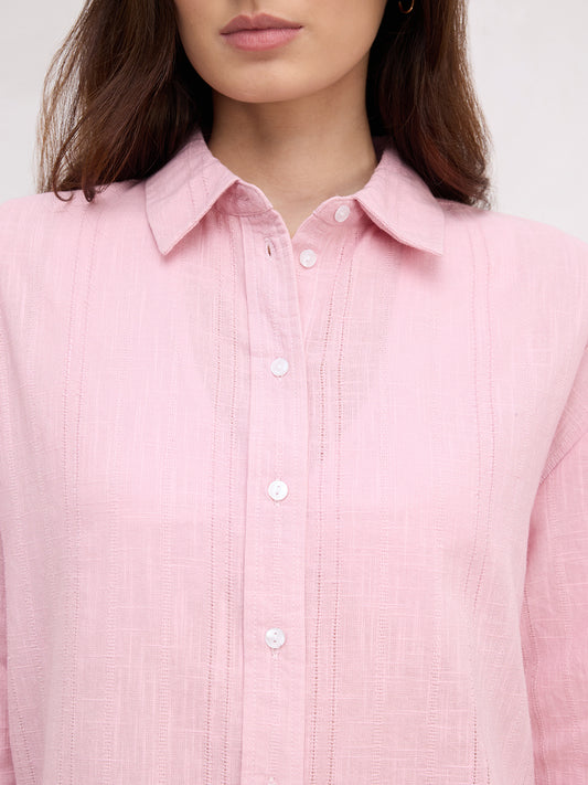 Soft Pink Air Striped Textured Overszsized Shirt