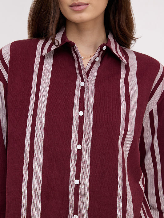 Crimpson Maroon Corduroy Striped Oversized Shirt