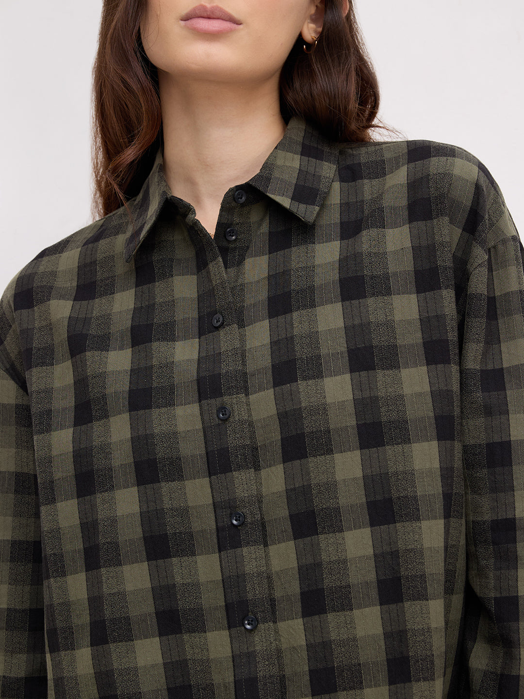 Olive & Black Tartan Checked Textured Oversized Shirt