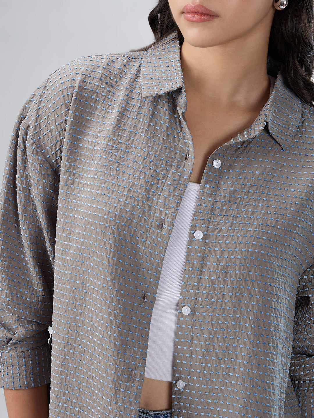Grey & Blue Dotted Jacquard Oversized Shirt