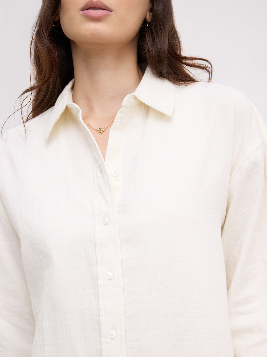 Pearl White Herringbone Textured Oversized Shirt