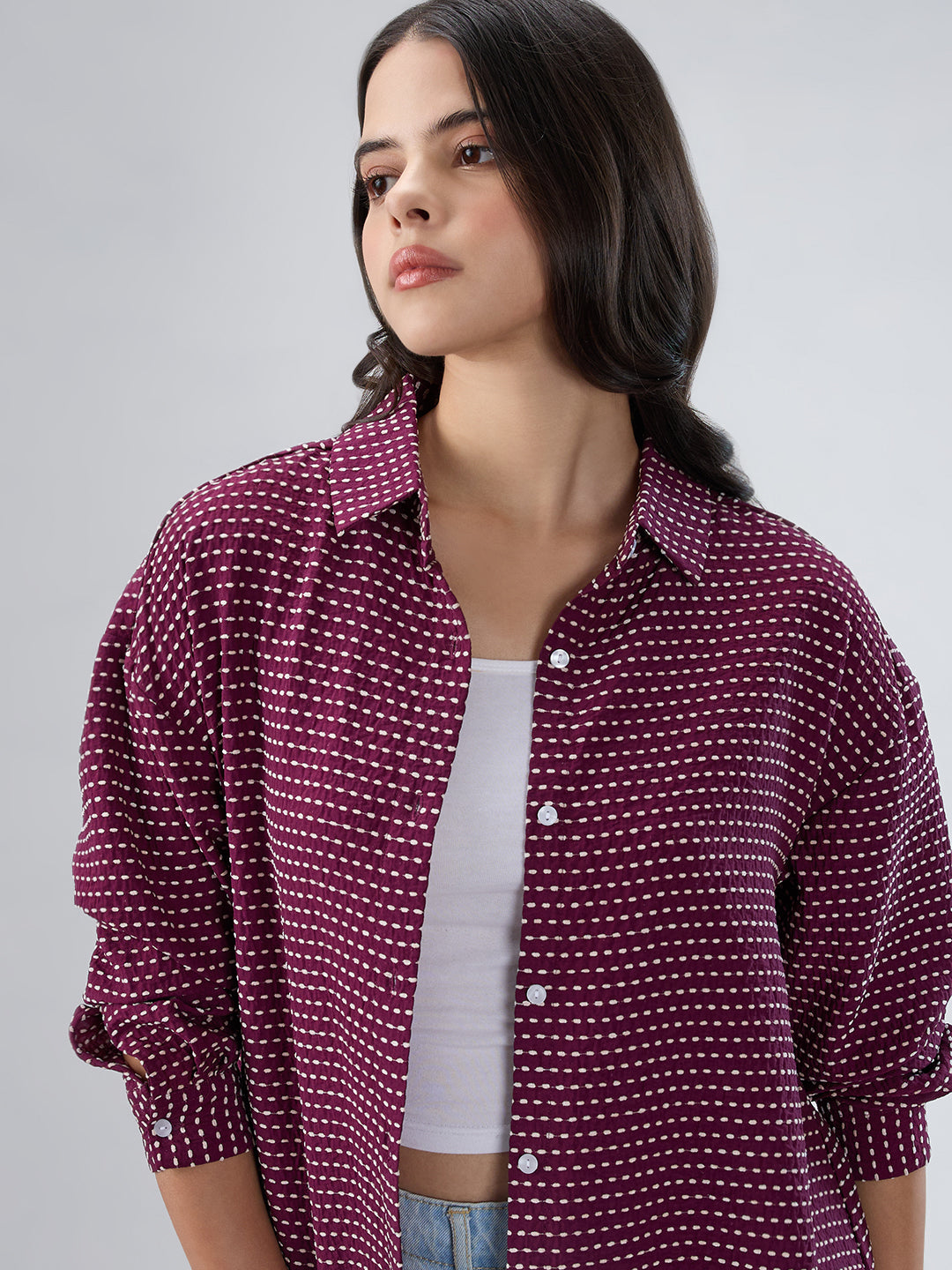Maroon Dotted Drama Jacquard Oversized Shirt