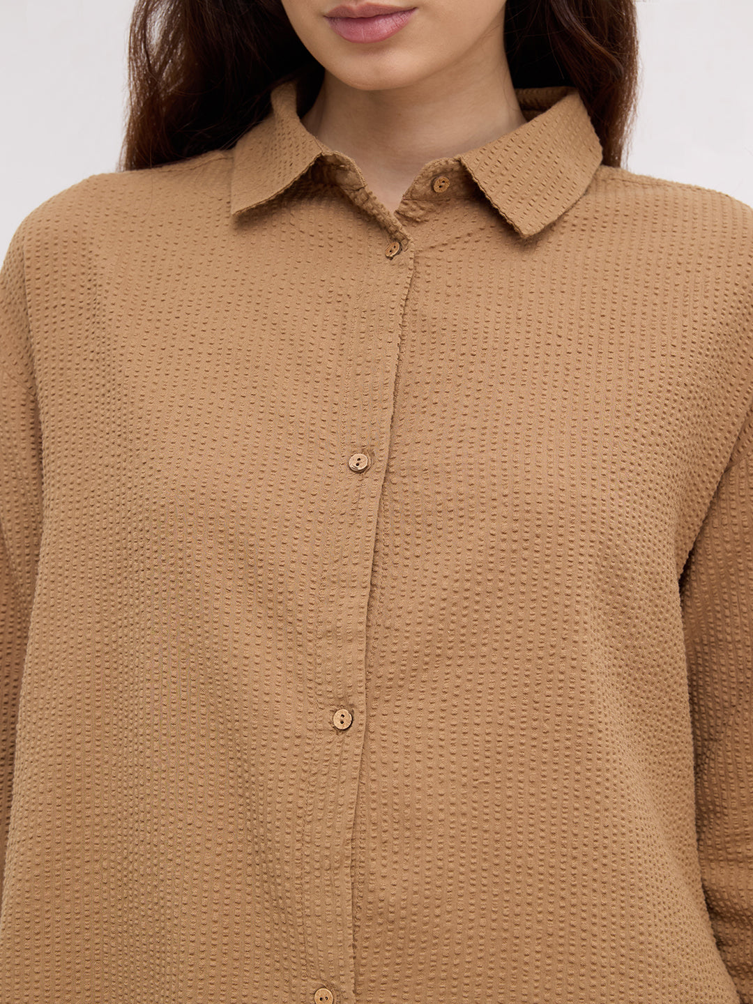 Tan Beige Seersucker Oversized Shirt