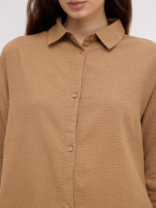Tan Beige Seersucker Oversized Shirt
