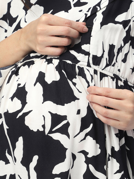 Black & White Abstract Printed Maternity Dress