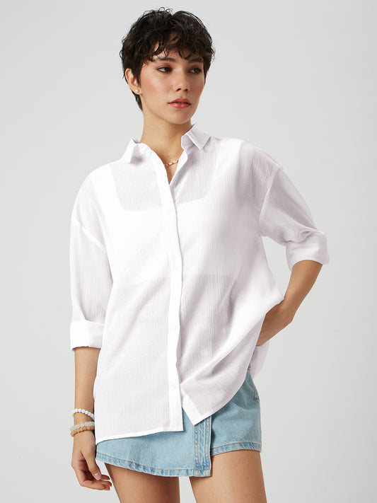 Glittery White Crinkled Oversized Shirt