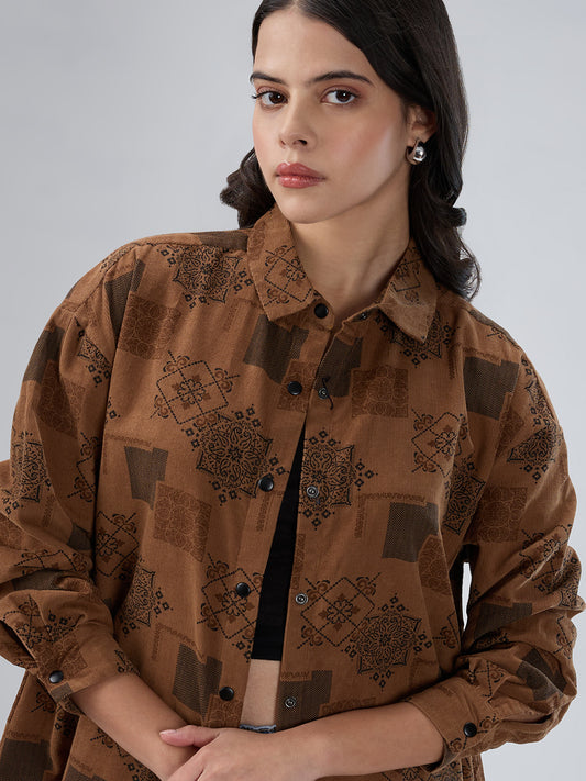 Brown Paisley Printed Corduroy Oversized Shirt