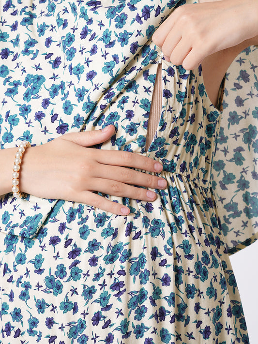 Ivory Vivid Blue Cosmos Floral Printed Maternity Dress