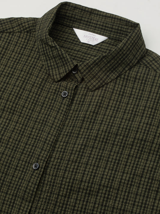 Reseda Green Vintage Mini Checks Oversized Shirt