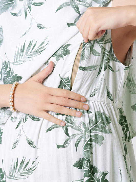 White & Olive Tropical Printed Maternity Dress