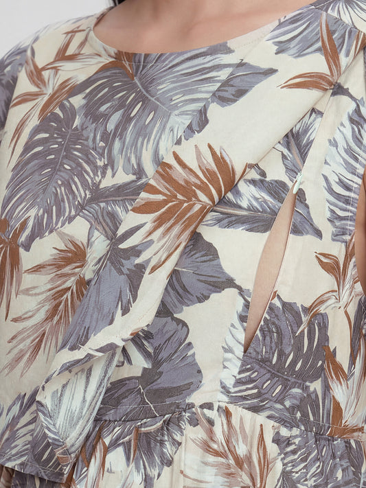Beige Palm Leaf Tropical Printed Maternity Dress