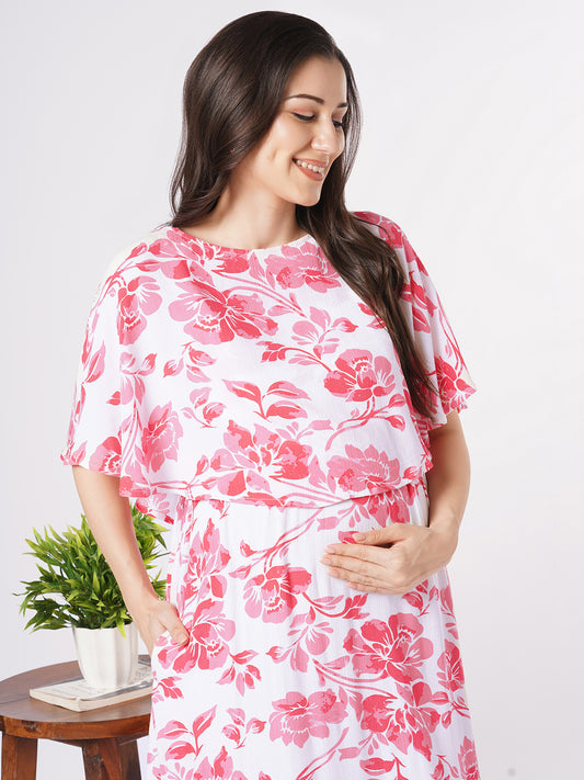 White & Pink Serene Floral Printed Maternity Crepe Dress
