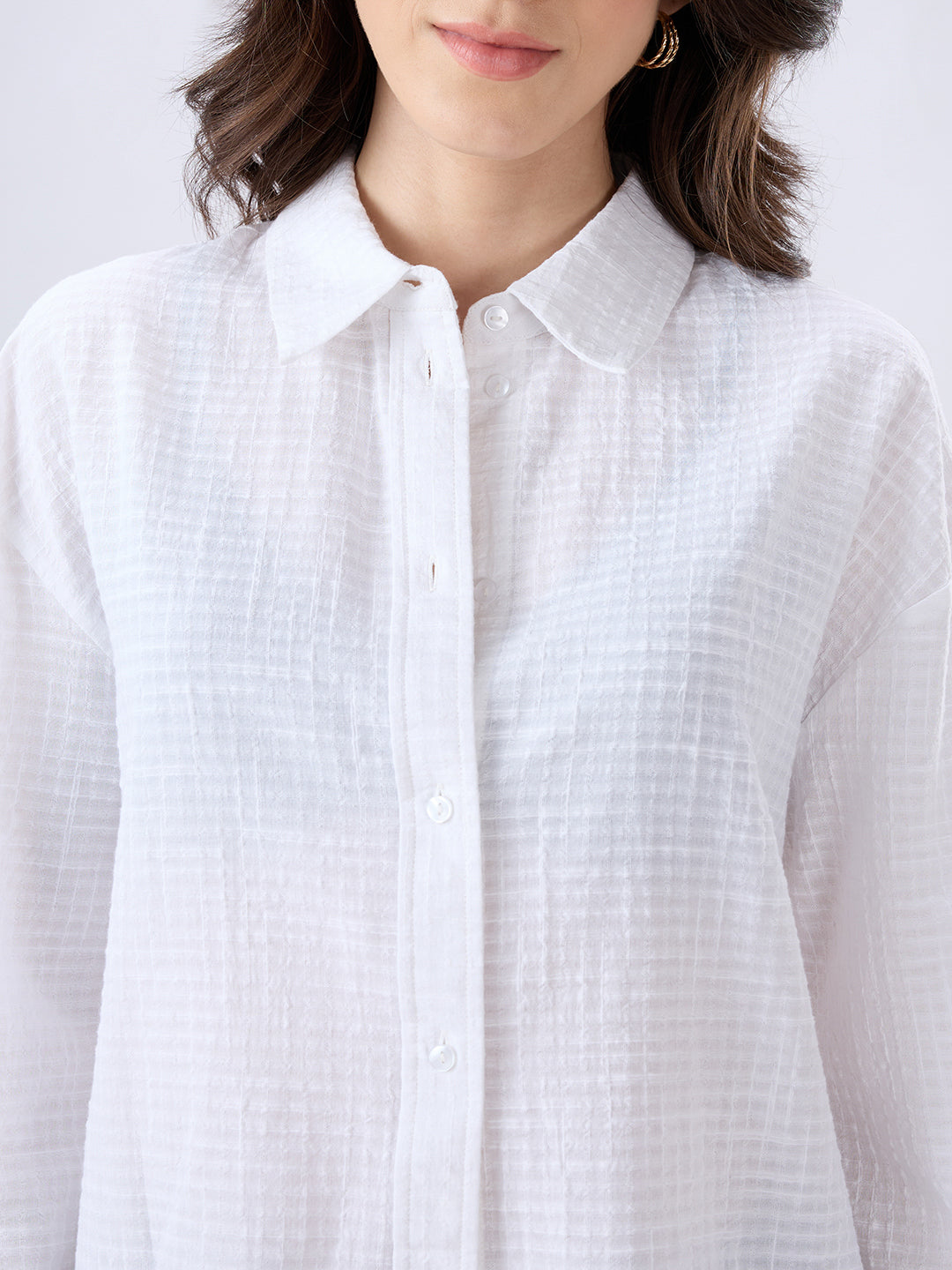 White Seersucker Textured Oversized Shirt