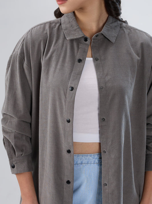 Solid Slate Grey Corduroy Oversized Shirt