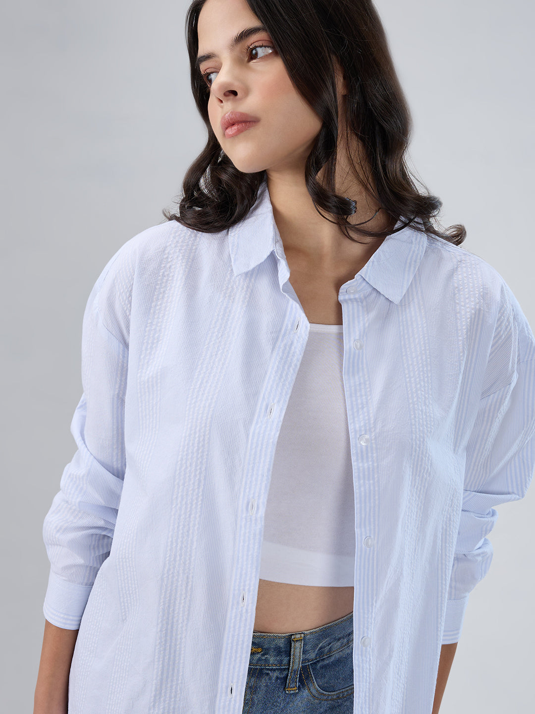 White & Blue Pin Striped Seersucker Oversized Shirt