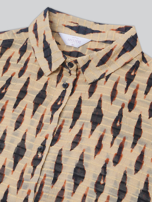 Beige & Black Abstract Printed Oversized Shirt