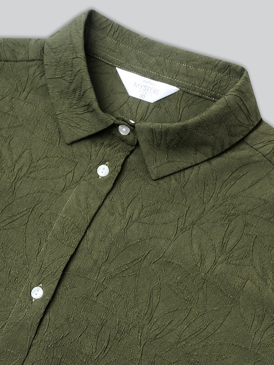 Olive Leafy Textured Oversized Shirt