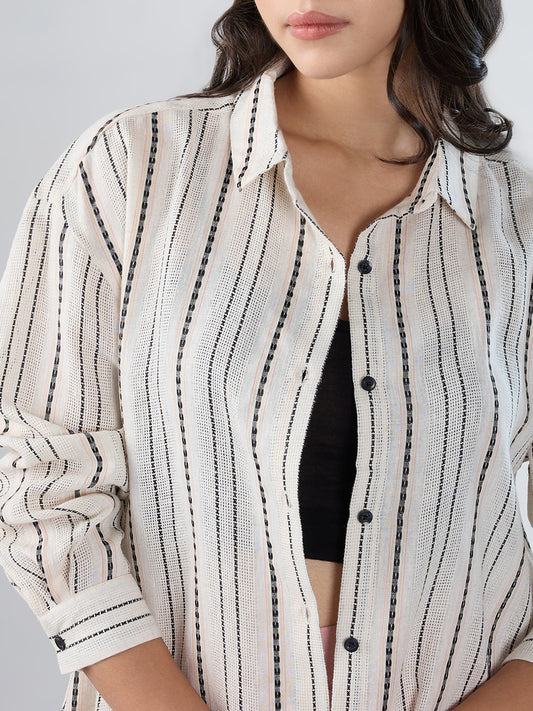 Burlap Ivory Vertical Striped Dobby Oversized Shirt