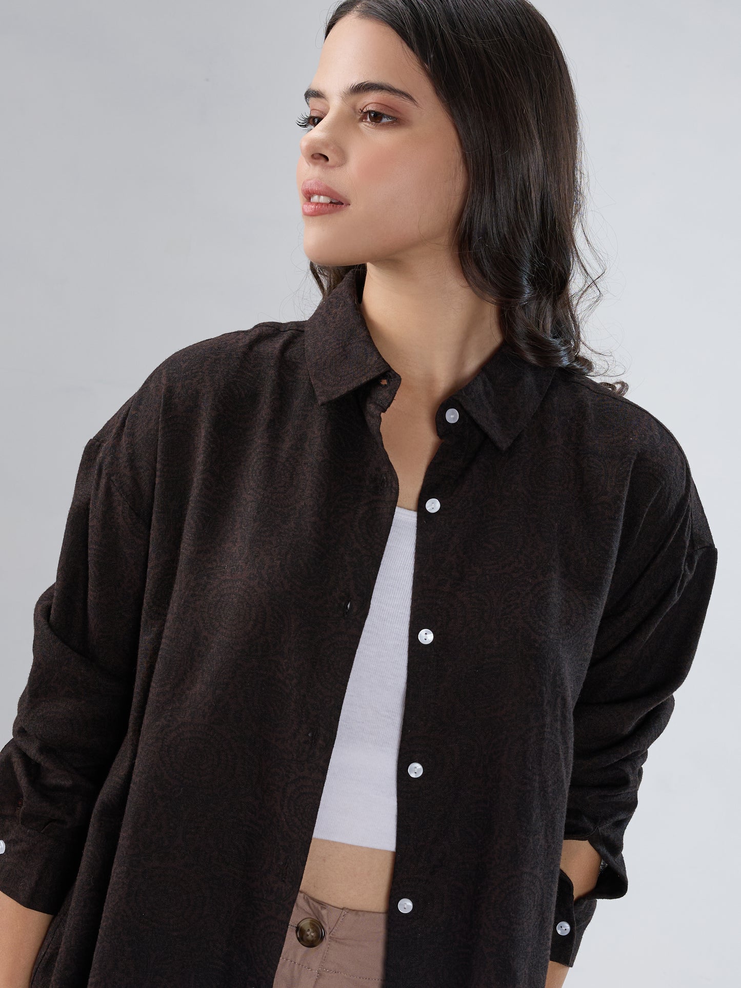 Bistre Brown Artistic Printed Oversized Shirt