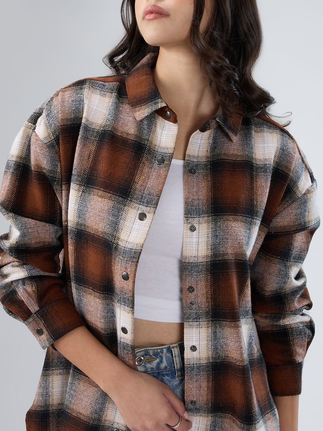 Brown & Beige Checkered Oversized Flannel Shirt