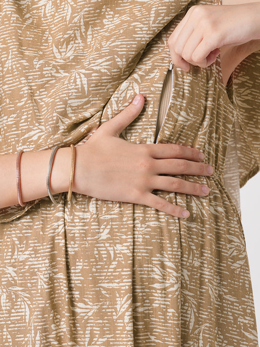 Tawny Brown Leafy Printed Maternity Dress