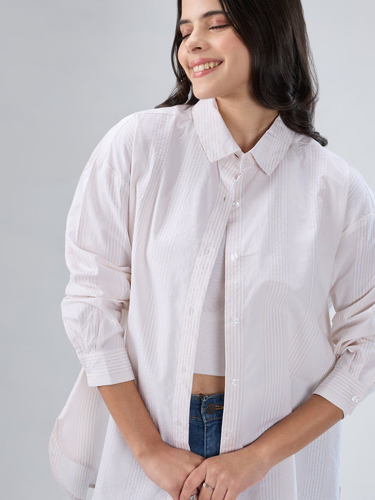 Beige & White Pin Striped Seersucker Oversized Shirt