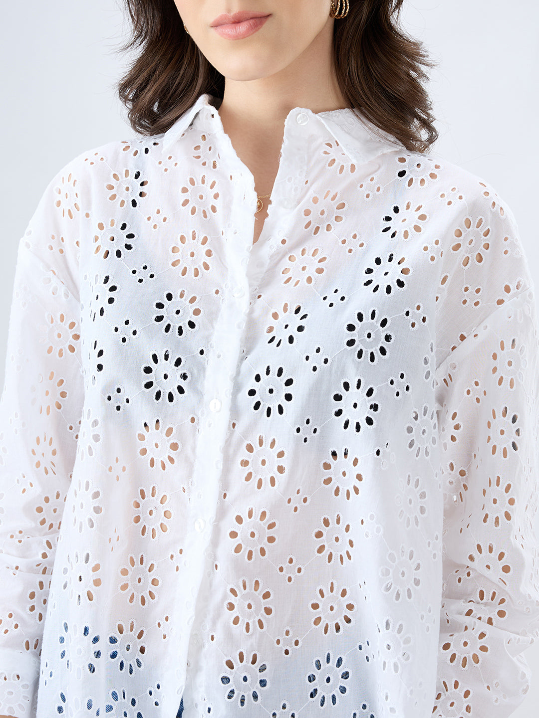 White Floral Schiffli Oversized Shirt