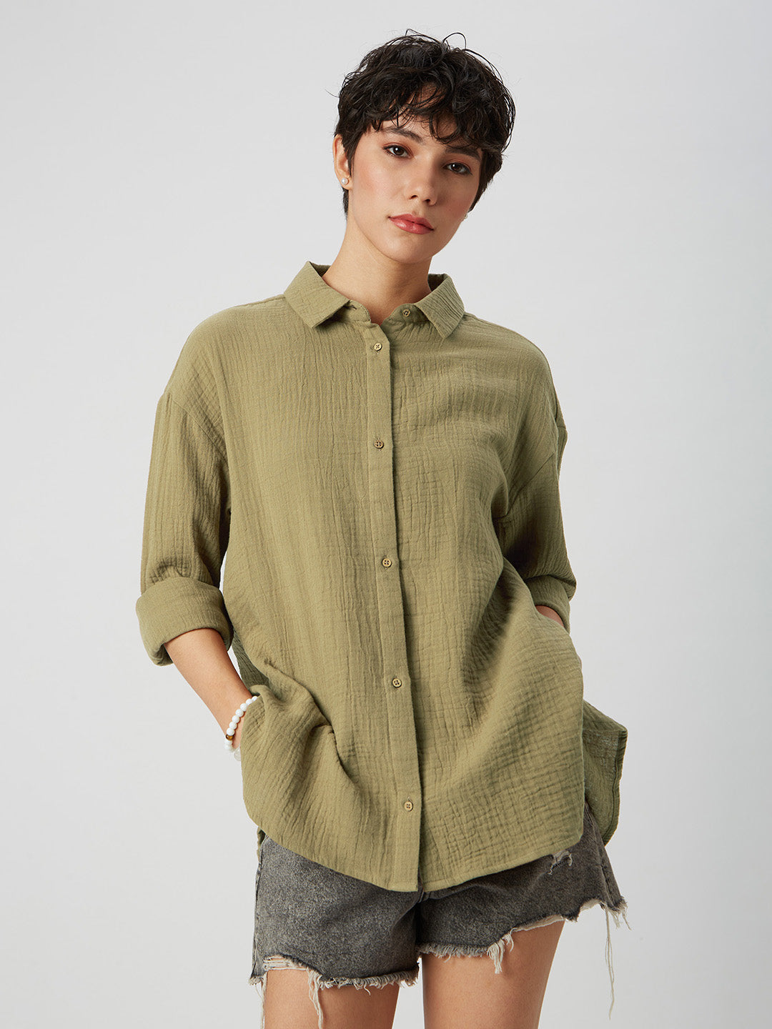 French Beige Solid Double Cloth Oversized Shirt