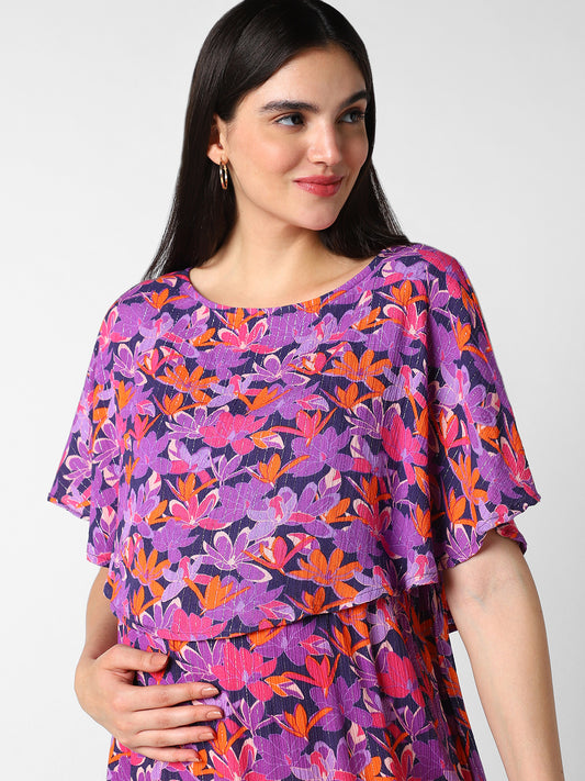 Multicolor Crinkled Floral Maternity Dress
