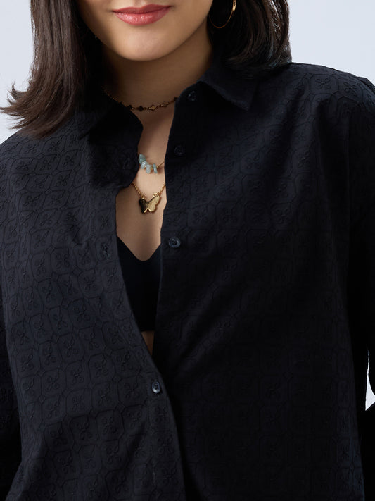 Deep Black Embroidered Oversized Shirt