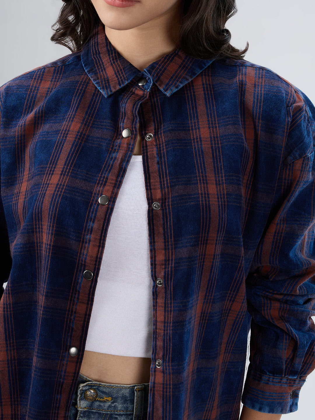 Navy & Brown Checkered Corduroy Oversized Shirt