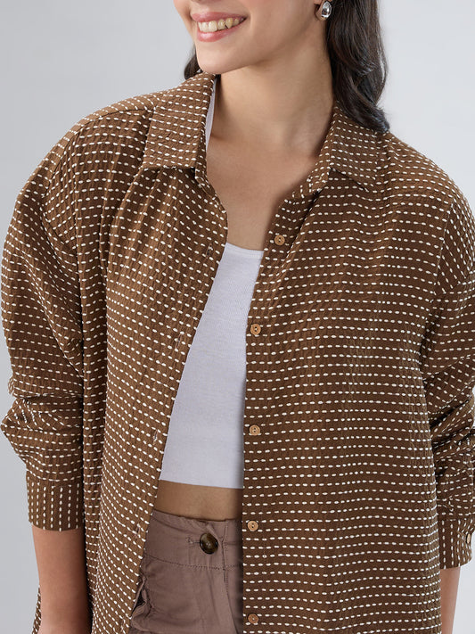 Brunette Brown & Beige Dotted Jacquard Oversized Shirt
