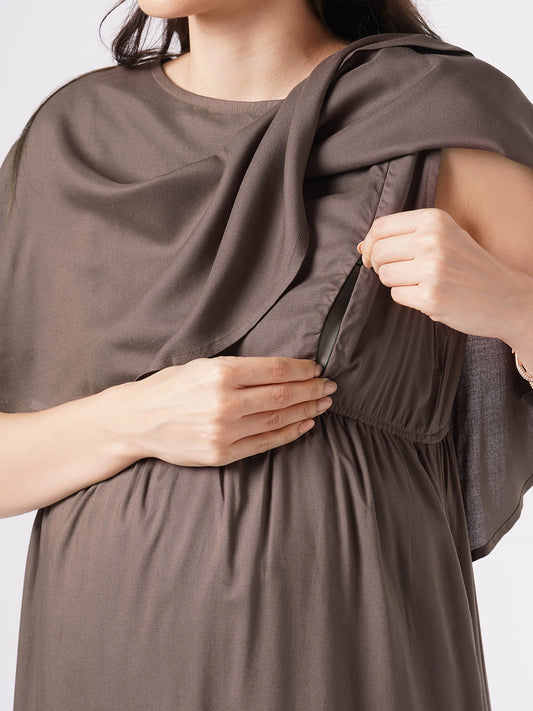 Sepia Brown Solid Comfy Maternity Dress
