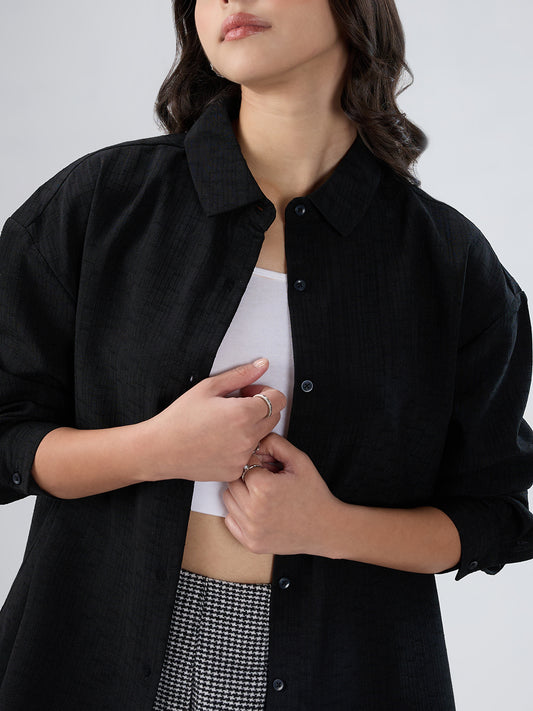 Black Slub Textured Oversized Shirt