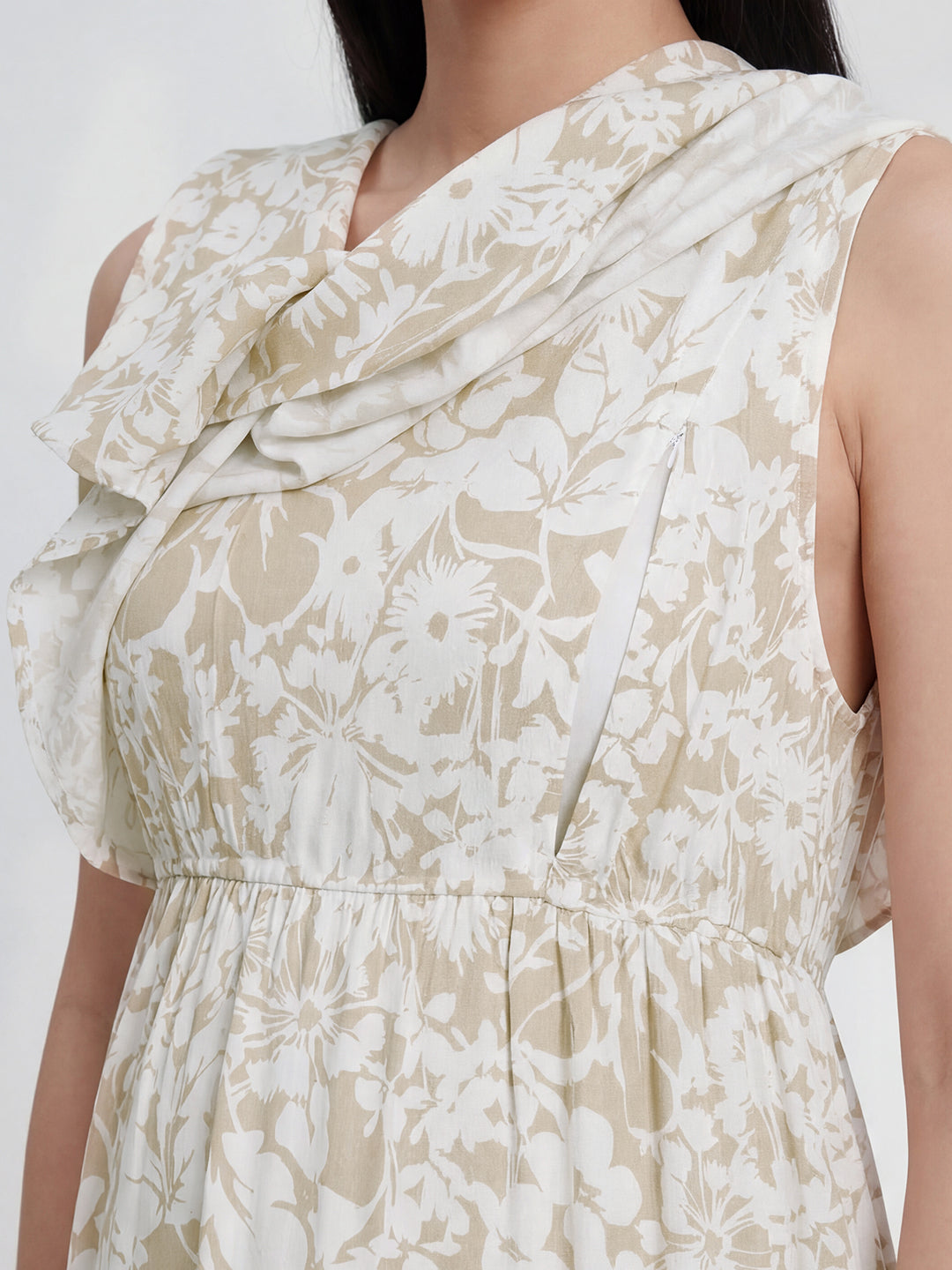 Serene Bloom Beige & White Printed Maternity Dress