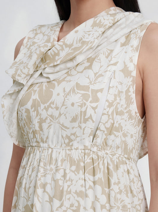 Serene Bloom Beige & White Printed Maternity Dress