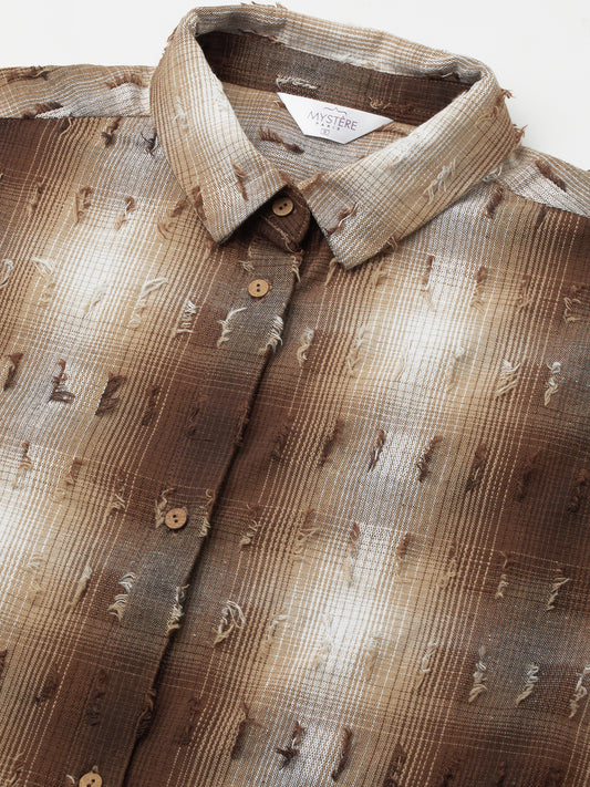 Brown & Beige Self Design Frayed Oversized Shirt