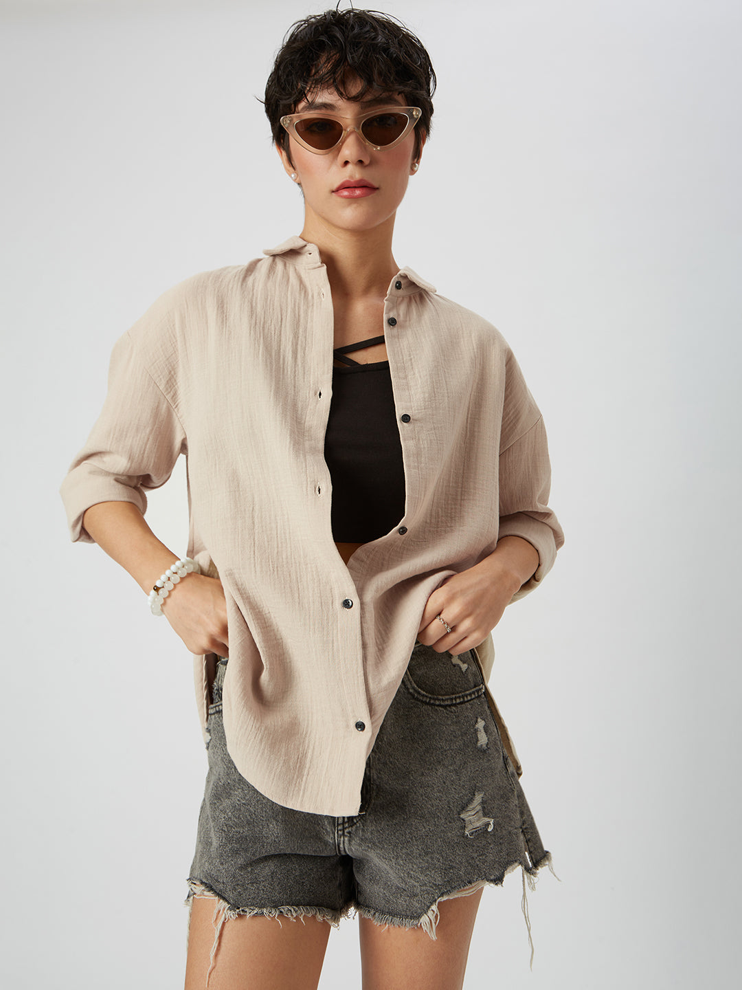 Tan Beige Double Cloth Oversized Shirt