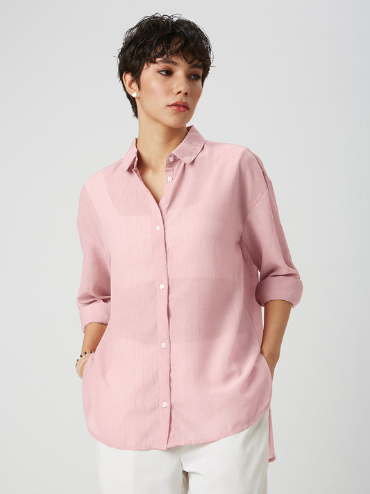 Glittery Baby Pink Crinkled Oversized Shirt