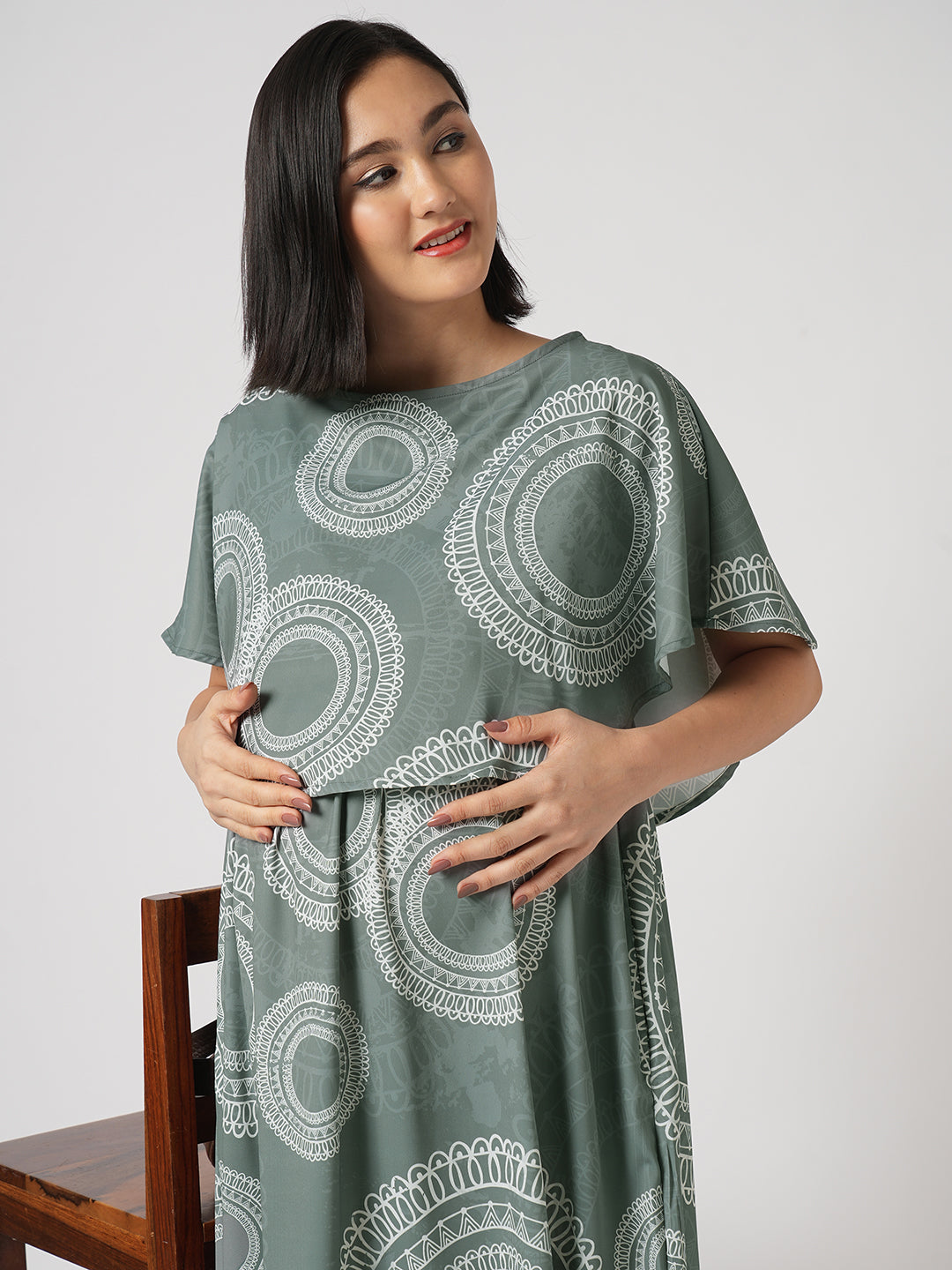 Sage Green Mandala Printed Maternity Dress