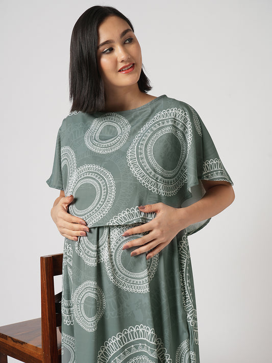Sage Green Mandala Printed Maternity Dress