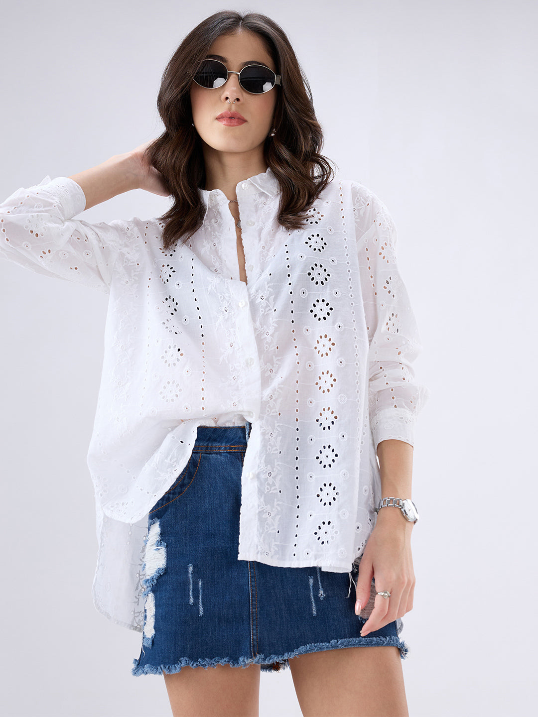 White Schiffli Oversized Shirt