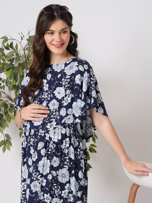 Chic Navy Blossom Printed Comfy Maternity Dress