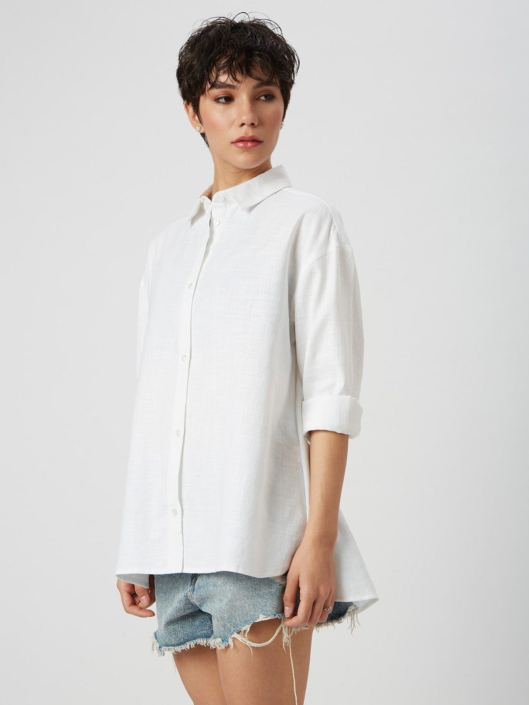 Solid White Textured Oversized Shirt