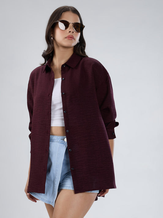 Wine Slub Textured Oversized Shirt