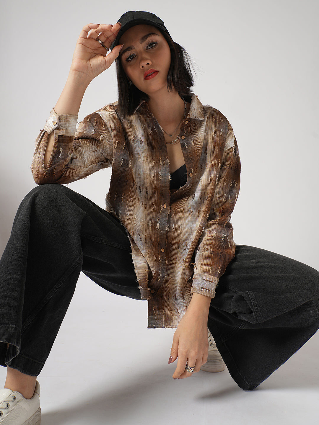 Brown & Beige Self Design Frayed Oversized Shirt