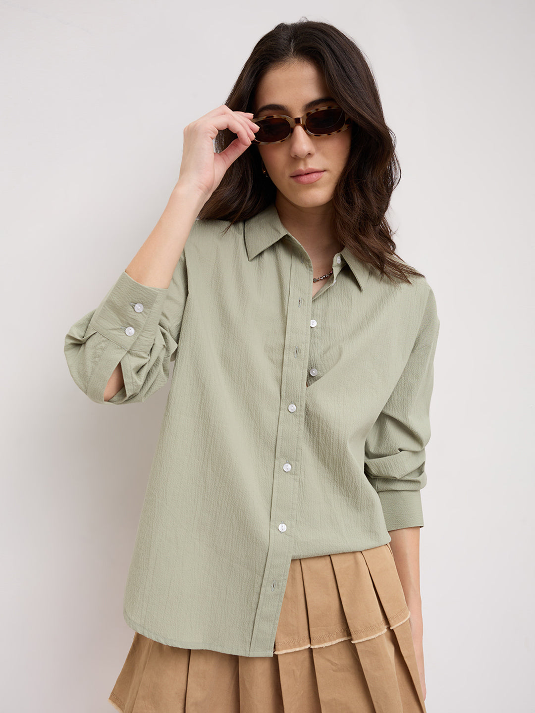 Sea Green Textured Oversized Casual Shirt