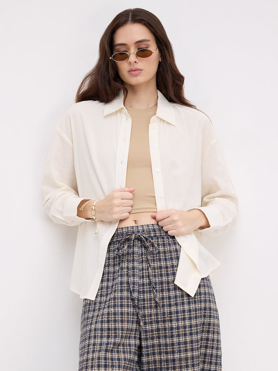 Off White Micro Checked Sheer Textured Oversized Shirt
