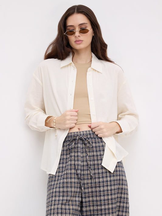 Off White Micro Checked Sheer Textured Oversized Shirt