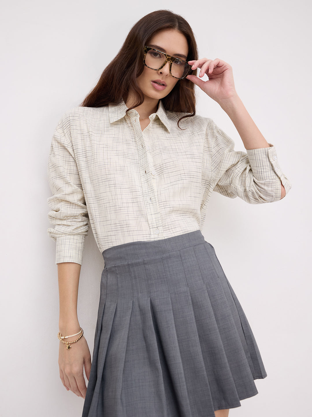 Multicolor Grid Line Printed Oversized Shirt